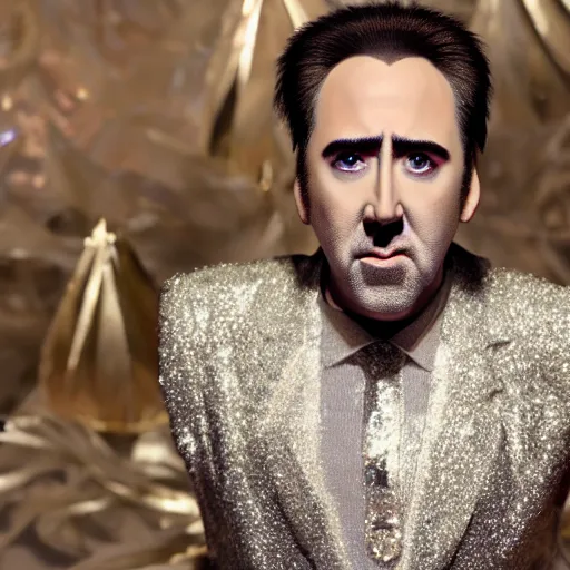 Prompt: Nicolas Cage with silver-violet hair, white eyes and golden glittery dress, wide lens, diorama, 4k,