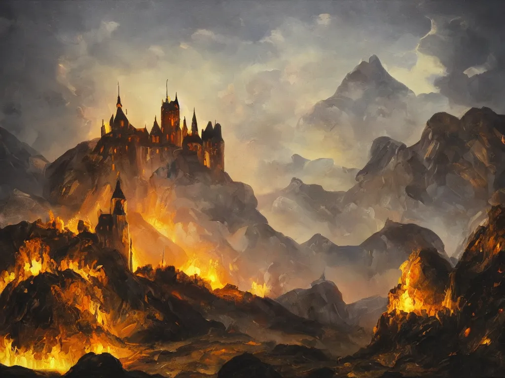 Image similar to modern stylized oil painting of medieval castle on mountain, fire, american romanticism by goya, bright art, cinematic dramatic lighting