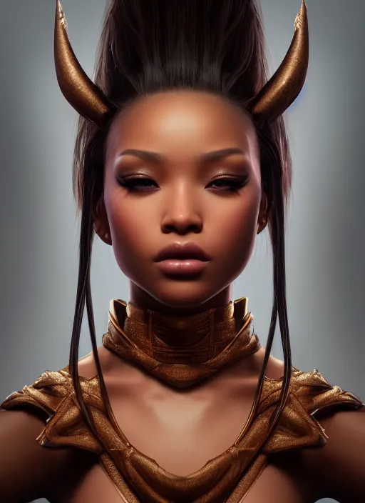 Image similar to portrait of dancer, sharp focus, octane render, brown skin, realistic render, ffxi, rpg, detailed, beautiful, game, unreal engine, symmetrical!!, maybelline, sephora, loreal, artstation, art by artgerm, rossdraws, art by karol bak, makeup, cinematic, concept art, filmic, vsco