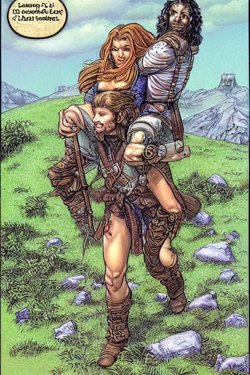 Prompt: A beautiful human woman carrying her halfling husband by larry Elmore