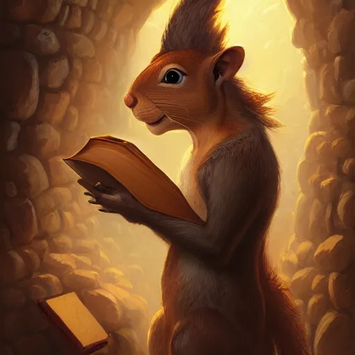 Image similar to a detailed portrait of a squirrel wizard holding an ancient book, by justin gerard and greg rutkowski, digital art, realistic painting, dnd, dungeons & dragons, character design, trending on artstation