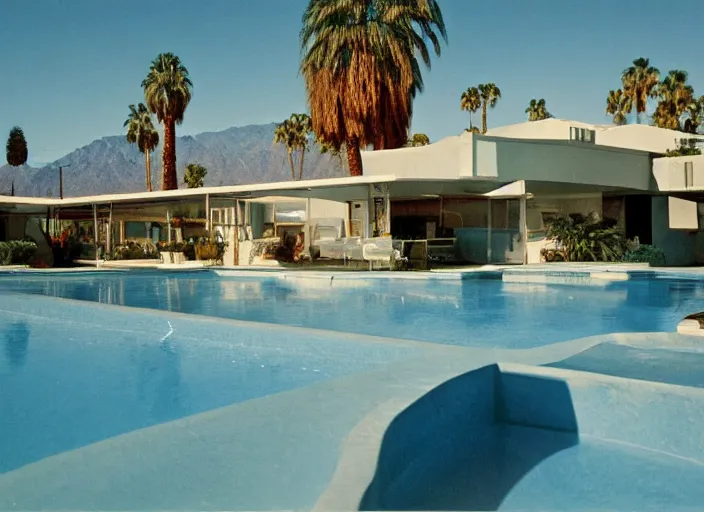 Prompt: a detailed photograph of 1 9 7 0 s palm springs neighborhood by slim aarons, mid - century modern photography, photoreal, vibrant, getty images, 4 k