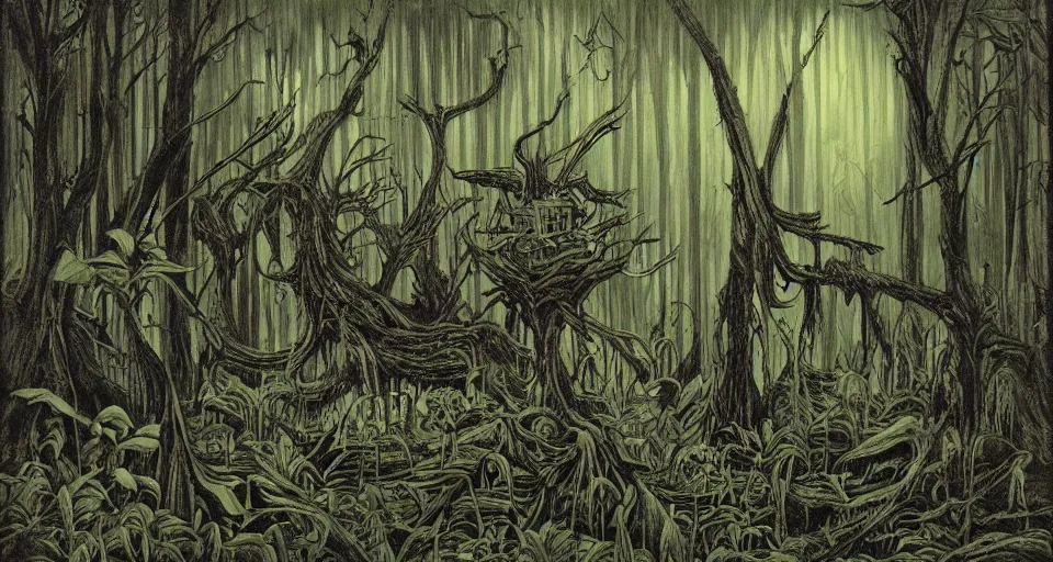 Image similar to A dense and dark enchanted forest with a swamp, by ED roth