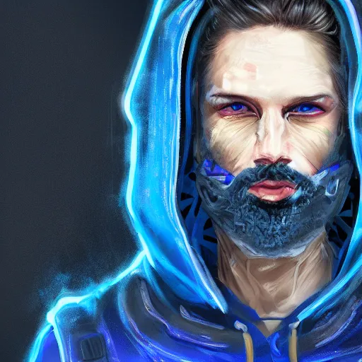 Image similar to a portrait of an ultradetailed male cyberpunk waring a hoodie, bearded, deep blue eyes, by ivan lopez, 8 k, digital painting