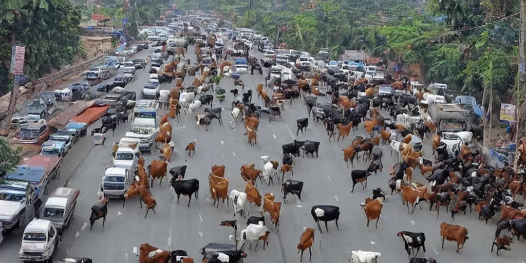 Prompt: traffic in India caused by cows in the middle of the road