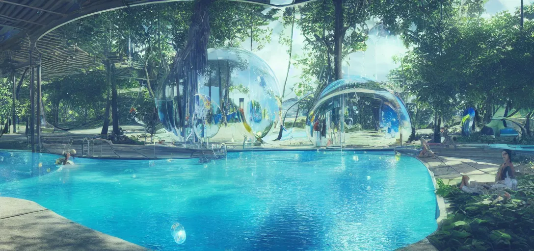 Image similar to view of a utopian outdoor solarpunk pool, empty, blue clear skies, waves, bubbles, reflections, refractions, caustics, dappled light, cinematic lighting, ultra detailed, sharp, ambient occlusion, raytracing, 3 d artstation render by greg rutowski, finnian macmanus and jessica rossier