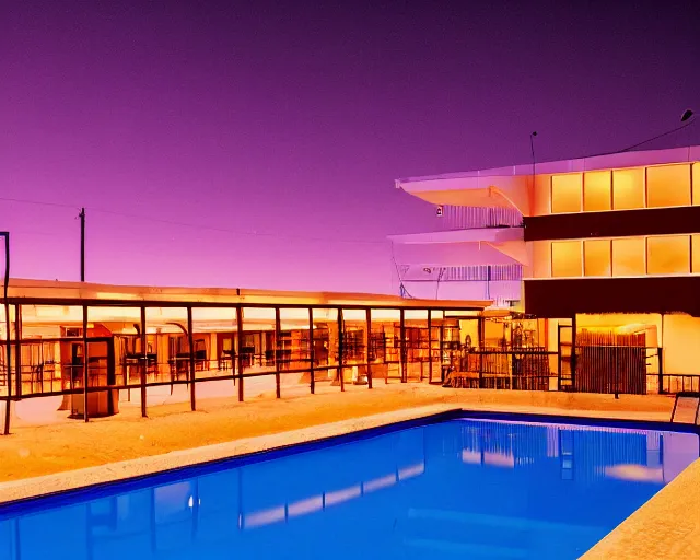 Prompt: photo of a man standing next to a swimming pool outside a motel with a neon sign in the desert at night, cinematic, in the style of edward hopper