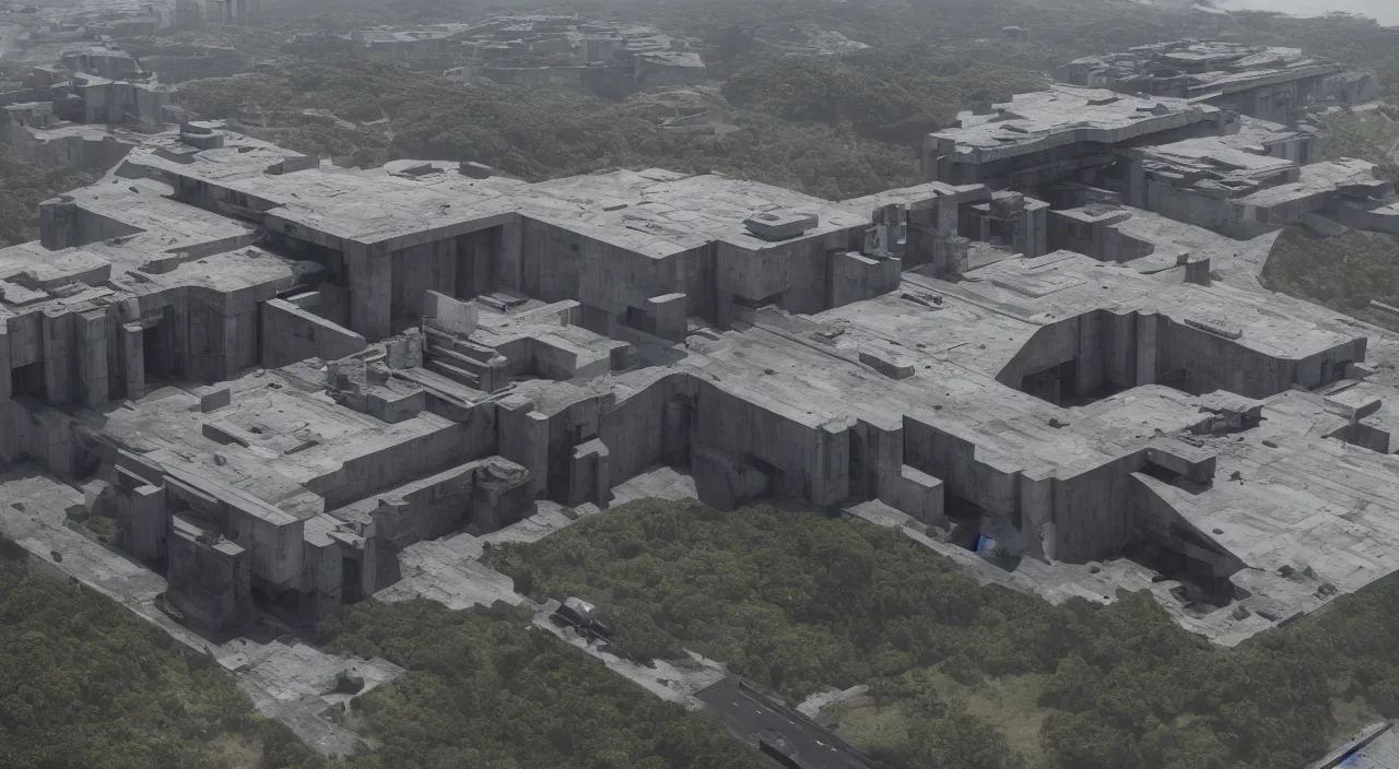 Image similar to big brutalist imperial military base on cliffs, drawing architecture, very long shot, top angle, imperial architecture in rogue one, pritzker architecture prize, brutalism architecture, jan urschel