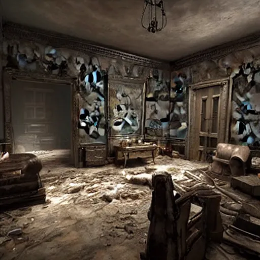 Image similar to room of a dark mansion, objects from ritual in the ground, realistic, highly detailed, hd, unreal engine, background of resident evil game