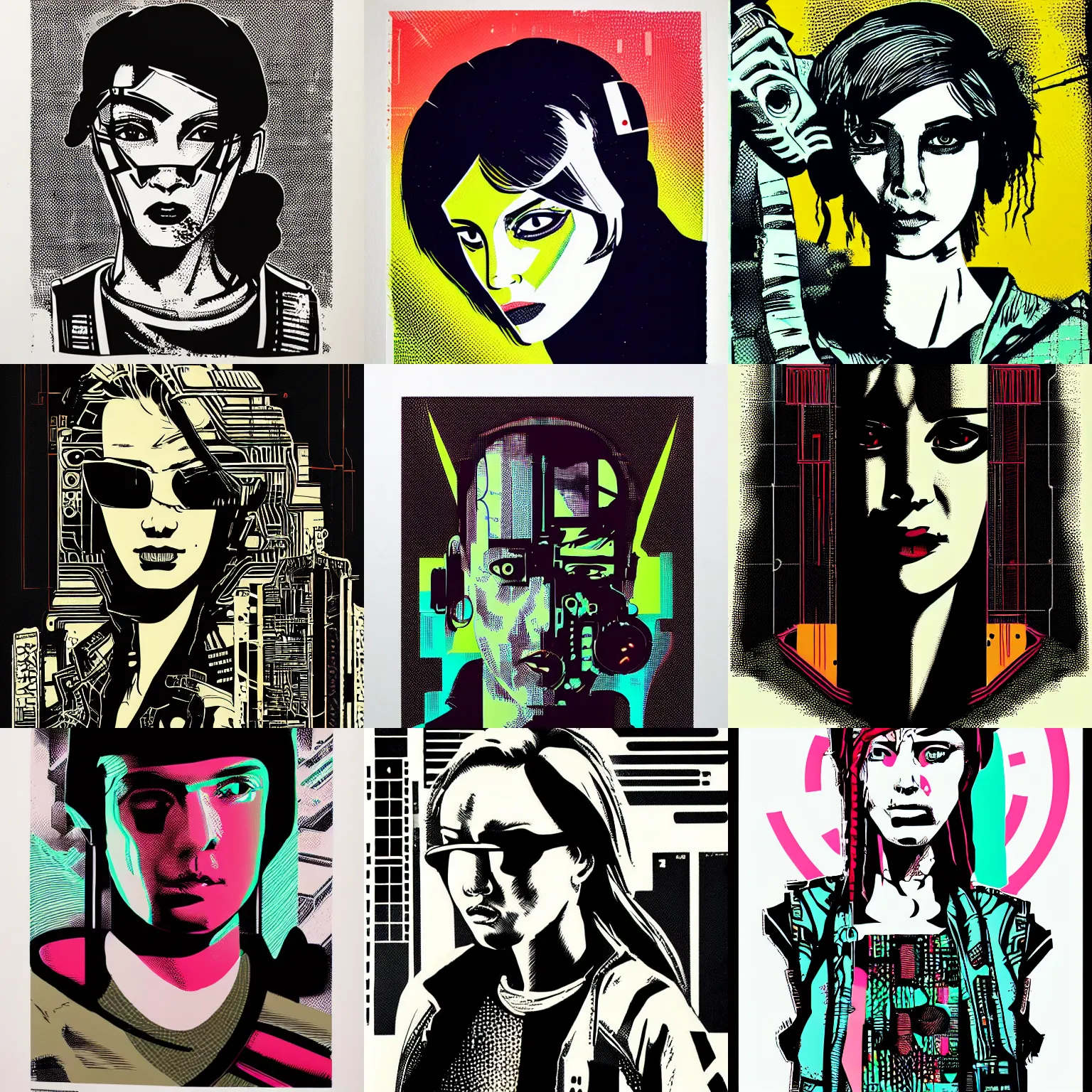 Image similar to a silkscreen print cyberpunk portrait