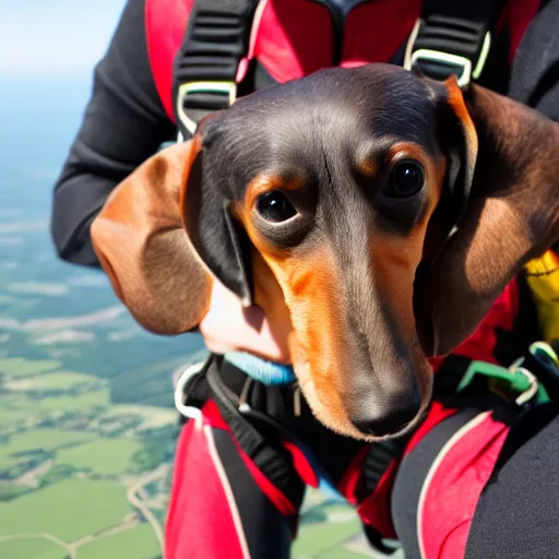 Prompt: skydiving weiner dog high resolution photography 8 k