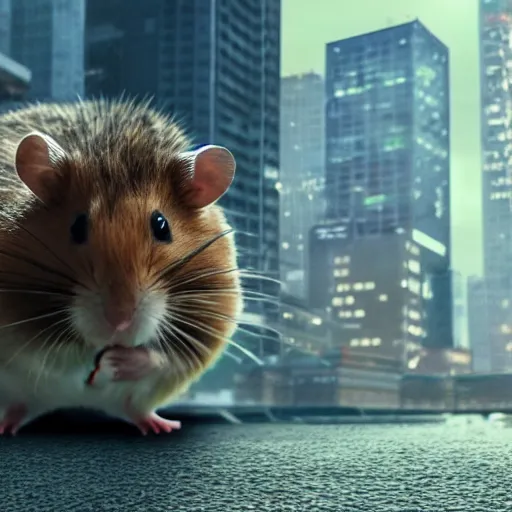 Prompt: a hamster terrorizing a city as if it was godzilla, high quality, sharp focus, 4k