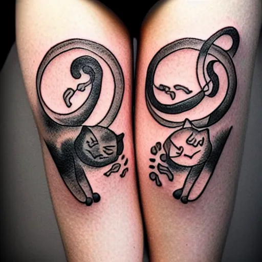 Prompt: two cats holding each other's tail, circle design, tattoo design, inking on skin, designed by victo n'gai