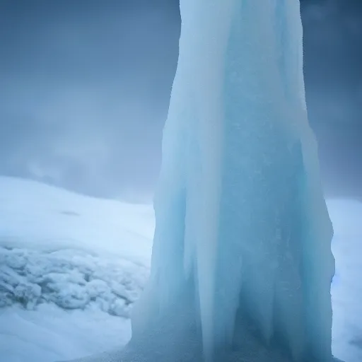 Prompt: large cloudy ice stalagmite on snow in game of thrones, 4 k, epic, cinematic, focus, movie still, fantasy, extreme detail, atmospheric, dark colour, sharp focus