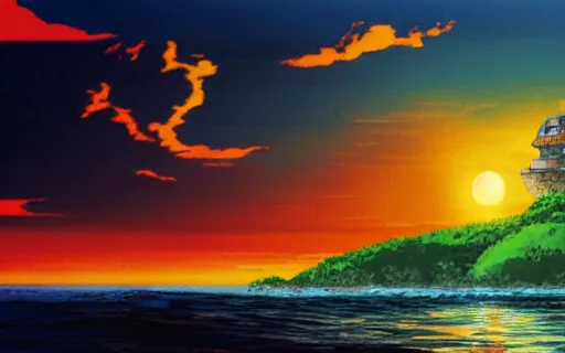 Prompt: an island with a giant castle on top of a giant turtle in the ocean, sunset, art by hayao miyazaki, studio ghibli film, hi res, 4k, high detail