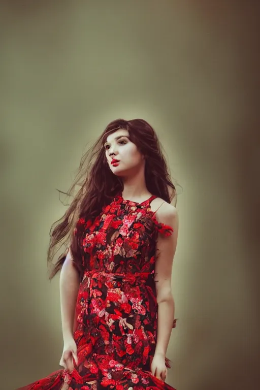 Image similar to full body portrait of a female, red floral dress, cinematic lighting, long hair, highly detailed, 4 k,