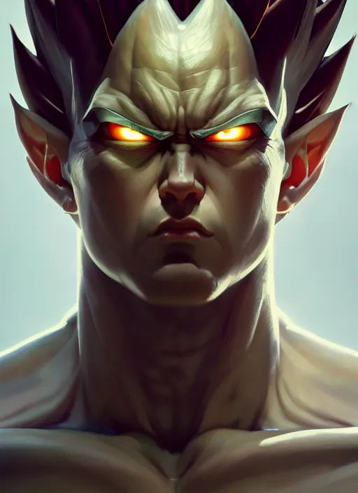 Image similar to by greg rutkowski, symmetry, concept art by artgerm, distance portrait of a hyper realistic prince vegeta, intense, epic, ssj, alphonse mucha, octane render, highly detailed, high quality, 8 k, soft lighting, path traced, and uang guangjian and gil elvgren, symmetry!!