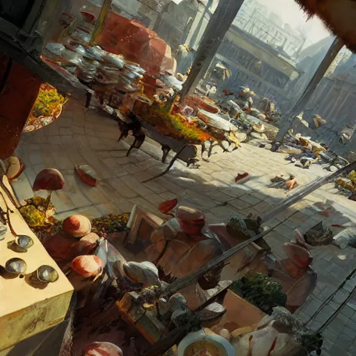 Prompt: low angle, butcher working, artwork by craig mullins, high details, octane, unreal engine, low angle!!!!, from below, worms - eye - view