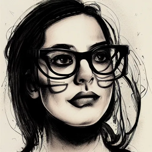 Prompt: a nerdy young woman from berlin with big glasses, character portrait, ink drawing, black and white, concept art by tim bradstreet