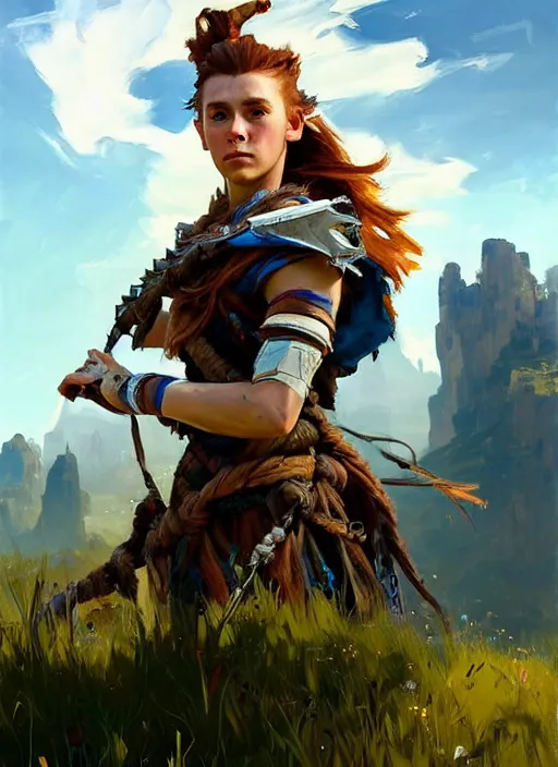 Image similar to portrait of a european Aloy from Horizon Zero Dawn in the style of League of Legends practicing, countryside, calm, fantasy character portrait, dynamic pose, above view, sunny day, thunder clouds in the sky, artwork by Jeremy Lipkin and Giuseppe Dangelico Pino and Michael Garmash and Rob Rey and Greg Manchess and Huang Guangjian, very coherent asymmetrical artwork, sharp edges, perfect face, simple form, 100mm