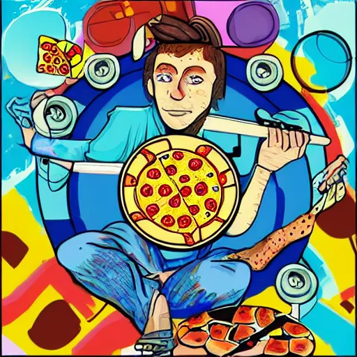 Prompt: DJ style album cover with pizza and words DJ FROZEN PIZZA, psychedelic, 16k, trending on artstation