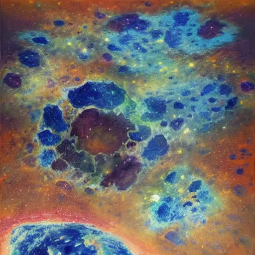 Prompt: oil painting of fragmented remnants of a planet floating towards the sun