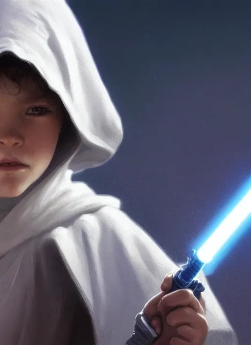 Image similar to perfectly - centered - portrait of a kid wearing white cloak holding light saber, intricate, highly detailed, digital painting, artstation, concept art, smooth, sharp focus, illustration, unreal engine 5, 8 k, art by artgerm and greg rutkowski and alphonse mucha