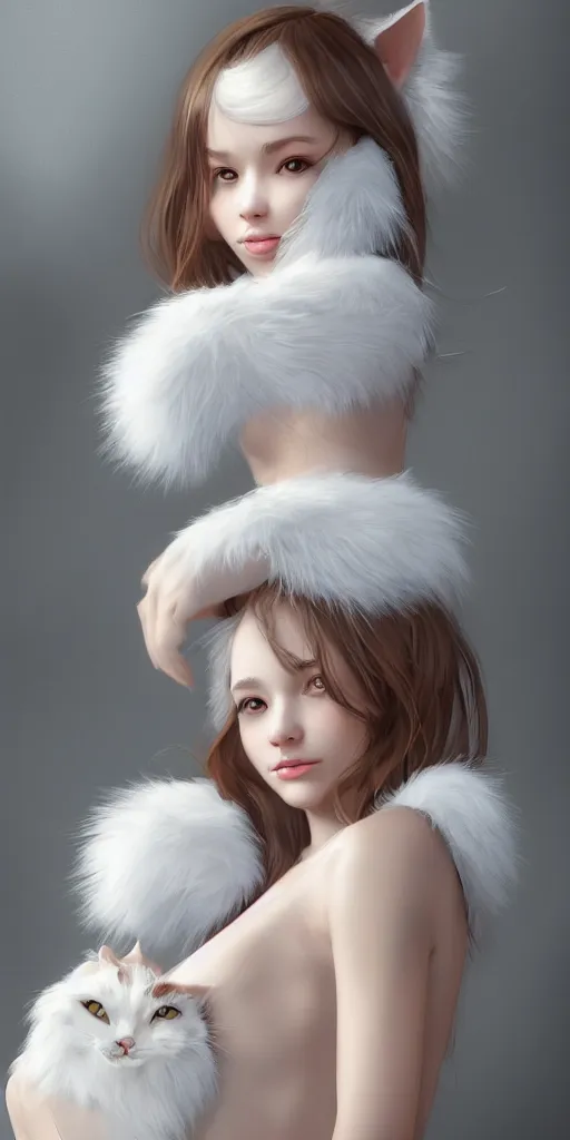 Image similar to beautiful aesthetic full body digital illustration of a young woman wearing a furry white cat costume by wlop and Julia Razumova, realistic, photorealistic, hyperrealistic, unreal engine, octane, deviantArt, trending on artstation, artstation HQ