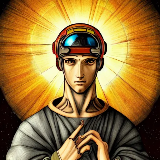 Image similar to detailed color manga illustration of a renaissance Saint with a halo, as a cyborg robot, cyberpunk, dark, akira, davinci, sistine chapel, sci-fi