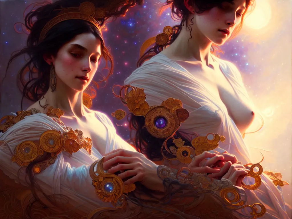 Image similar to ultra realistic, cosmic goddess, intricate details, eerie, awakening, artstation, highly detailed, photorealistic, hyperrealism, 8k, art by artgerm and greg rutkowski and alphonse mucha