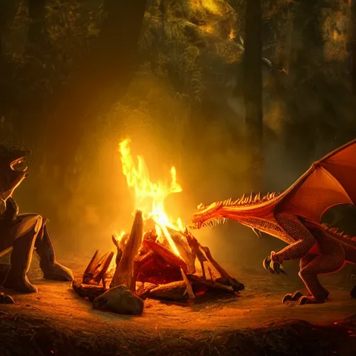 Prompt: An elder dragon telling a story near a campfire, extremely stunning and detailed digital art, cinematic, 8k, dreamy, immersive