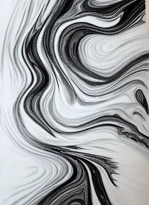 Prompt: pastel drawing of tempered glass art abstract fluid marble euphoria black white color