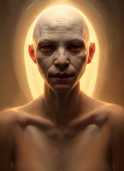 Image similar to portrait of an albino bald sick oracle, ancient oracle, intricate, elegant, glowing lights, highly detailed, digital painting, artstation, concept art, smooth, sharp focus, art by wlop, mars ravelo and greg rutkowski