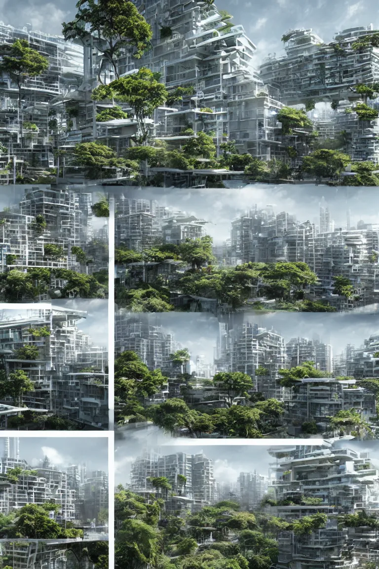 Image similar to 5 - panel comic page layout. crowd talking about sustainable futuristic building in a urban setting. ultrarealistic matte painting on white page. the building has many deep and tall balconies covered in plants and trees. thin random columns, large windows, deep overhangs. plants hang from balconies. greeble articulated details with plants. 8 k, uhd.