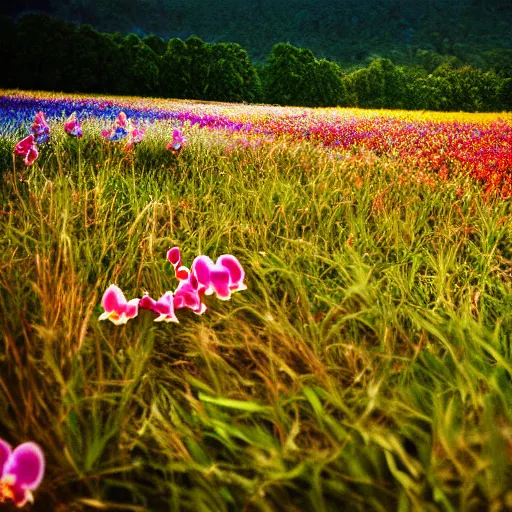 Image similar to Colorful orchid flower blossoming in field of flowers, climax, overwhelming, brilliant, cinematic, epic, 8k, sharp focus, color grain 35mm, tilt-shift, dslr, high detail