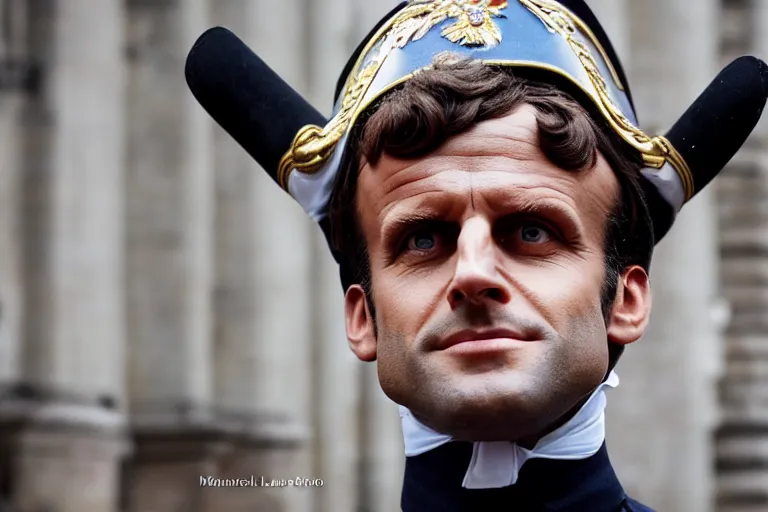 Image similar to closeup portrait of emmanuel macron dressed as napoleon with a cannon in the street, natural light, sharp, detailed face, magazine, press, photo, steve mccurry, david lazar, canon, nikon, focus