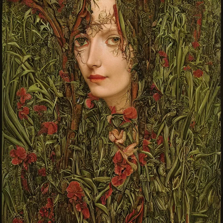 Image similar to a animalistic woman with her skin covered in plant patterns, her face looks like an orchid, huge plants tower around her, jan van eyck, max ernst, trending on artstation, 8 k