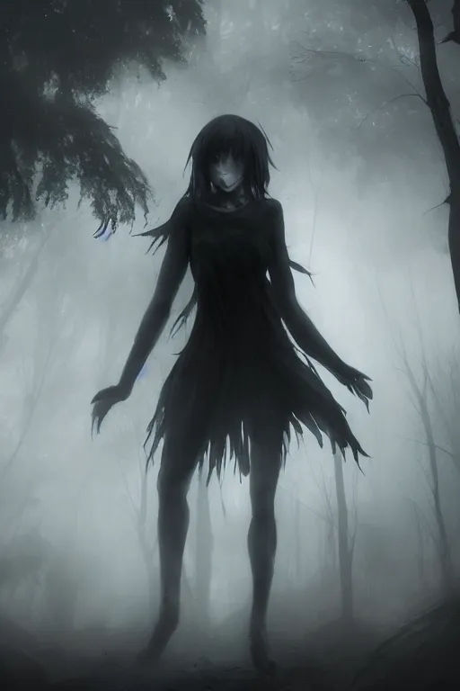 Image similar to plasma body, anime spectral female character, emerge from big old creepy tree, mist aura, black eyes melt, full body portrait, photorealistic, volumetric lighting, octane rendering, dark and mysterious, atmospheric, ominous, creepy, cinematic, real, concept art, Epic, 8k, 4k, ultra detail, ultra realistic, trading art station, rendered by awesomeness