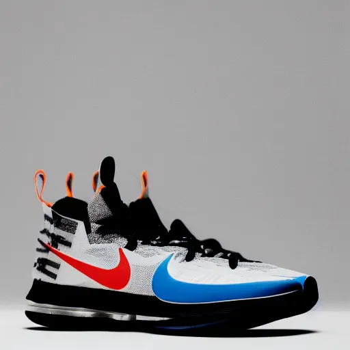 Image similar to a studio photoshoot of A Nike Lebron sneaker designed by Virgil Abloh, mesh fabrics, Off-White, realistic, color film photography by Tlyer Mitchell, 35 mm, graflex