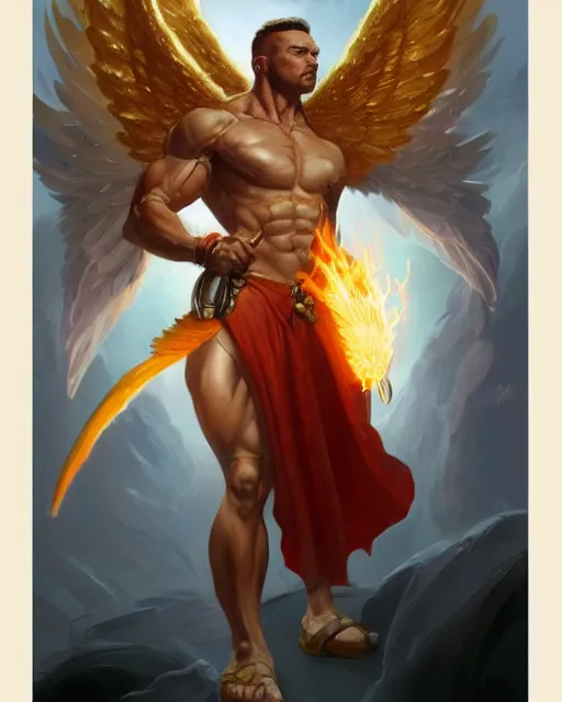 Prompt: character portrait of a muscled male angel of justice with fiery golden wings, by peter mohrbacher, mark brooks, jim burns, marina abramovic, wadim kashin, greg rutkowski, trending on artstation