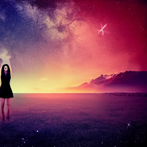 Image similar to album cover, with text vystava, a beautiful landscape of a starry sky with an beautiful woman waving to the horizon, cinematic, dramatic, color grading, photojournalism, colorful, highly detailed