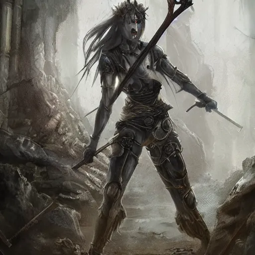 Image similar to Woman with yellow eyes wielding an axe inside a decaying ancient fantasy temple. She wears a rusty silver armor, trending on artstation, dark fantasy, concept art