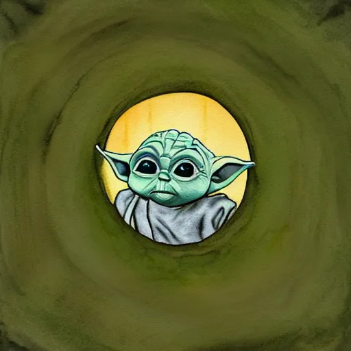 Image similar to view from above, medium - shot, baby yoda on a well lit path in a dimly lit forest, dramatic cloudy setting sun, watercolor and ink, muted color. minimalist, detailed ue 5