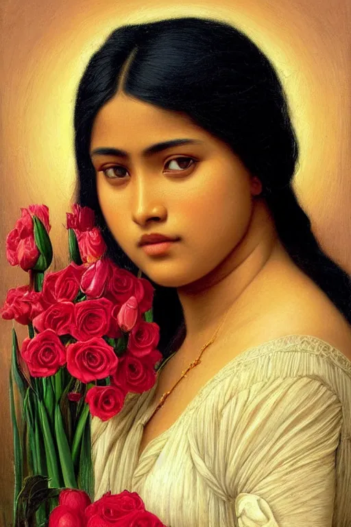 Prompt: beautiful portrait of an assamese girl, beautiful eyes, colourful roses and gladioli, close-up, face in focus, golden ratio, intricate oil painting by John William Godward and Anna Dittman, Neo-Gothic, Neoclassical, Neo-Gothic,