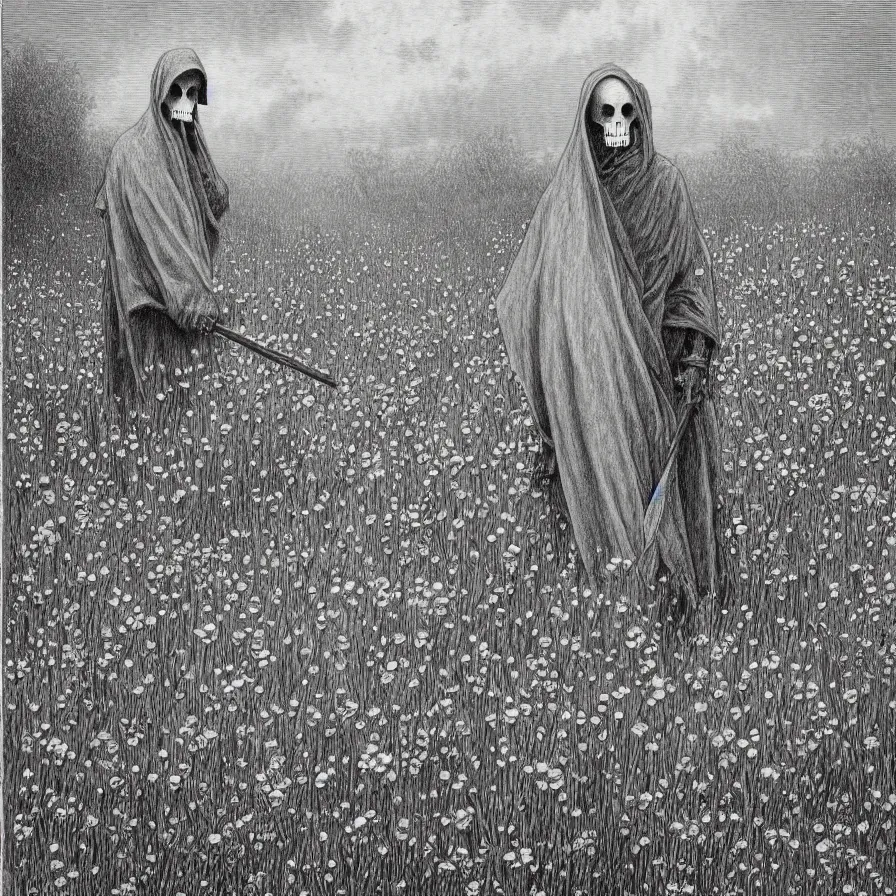 Image similar to grim reaper with no face at distance in beautiful meadow of flowers, detailed pencil illustration by gustave dore, highly detailed, centered, high resolution, smooth, sharp focus, illustration