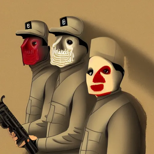 Prompt: ghoul security officers from with glowing pale red skin in vintage muted beige uniforms and caps holding bullpup rifles in a brutalist office setting trending on artstation digital painting 4 k sharp detail high quality