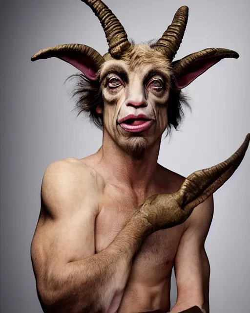 Prompt: actor Mick Jagger with Goat Ears in Elaborate Pan Satyr Goat Man Makeup and prosthetics designed by Rick Baker, Hyperreal, Head Shots Photographed in the Style of Annie Leibovitz, Studio Lighting
