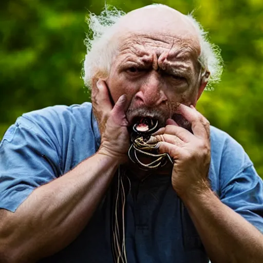 Image similar to national geographic photo of angry old man vomiting audio cables out his mouth