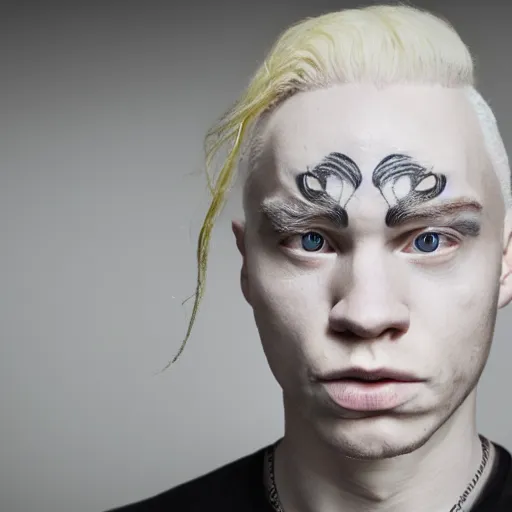 Image similar to portrait of an albino in front of a white background, blonde hair and eyebrows, face tattoo, cinematic lightin