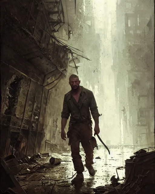 Prompt: tom hardy as a survivor, scavenging the ruins | | realistic shaded, fine details, realistic shaded lighting painting by greg rutkowski, diego gisbert llorens, magali villeneuve, artgerm, jeremy lipkin, michael garmash, rob rey